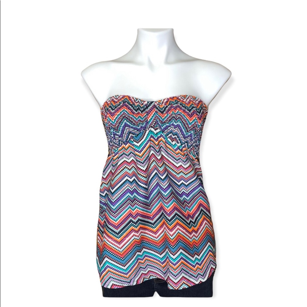 3/$20 ROXY Strapless Blouse Vista Peak Zigzag Print Multicolor Bold Top Medium